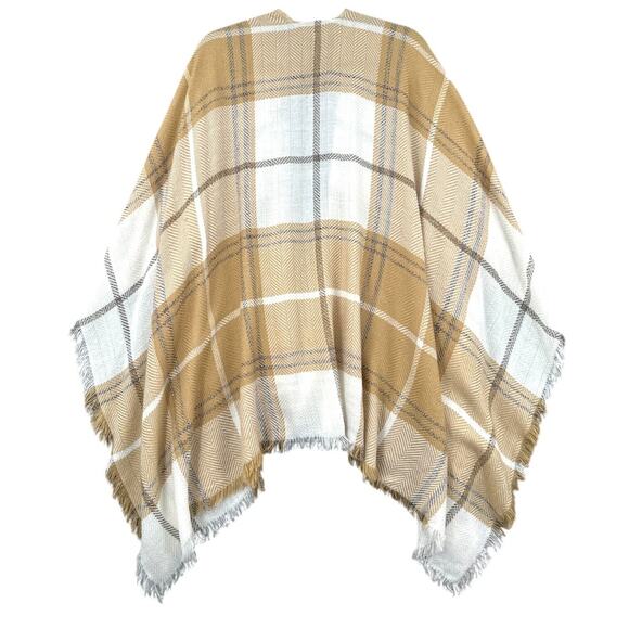 V. Fraas Beige & White Fringe Hem Open Front Plaid‎ Wrap Poncho Womens One Size - Picture 5 of 5